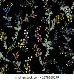 Beautiful Hand drawn small garden Floral pattern. Seamless vector texture. Design template for fashion fabric and all prints on black.