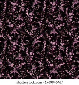 Beautiful hand drawn small scale of dark botanical florals in the garden night seamless pattern in vector EPS10 ,Gentle and stylish design for fashion, fabric, wallpaper, wrapping and all prints