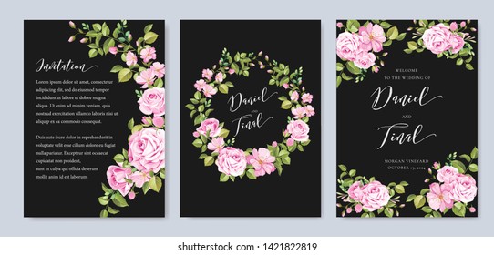 beautiful hand drawn soft roses wedding invitation card set