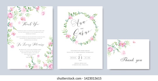 beautiful hand drawn soft roses wedding invitation card set