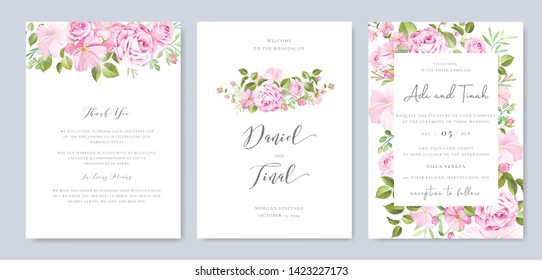 beautiful hand drawn soft roses wedding invitation card set