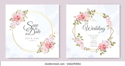 beautiful hand drawn soft roses wedding invitation card set