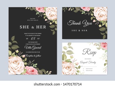 beautiful hand drawn soft roses wedding invitation card set
