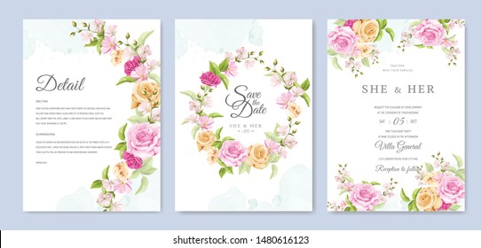 beautiful hand drawn soft roses wedding invitation card set