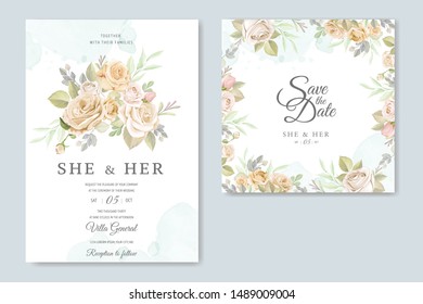 beautiful hand drawn soft roses wedding invitation card set