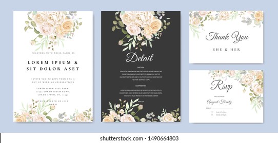 beautiful hand drawn soft roses wedding invitation card set