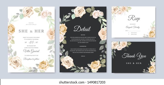 beautiful hand drawn soft roses wedding invitation card set