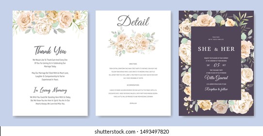 beautiful hand drawn soft roses wedding invitation card set