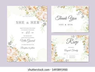 beautiful hand drawn soft roses wedding invitation card set