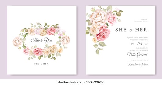 beautiful hand drawn soft roses wedding invitation card set