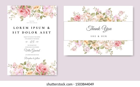 beautiful hand drawn soft roses wedding invitation card set