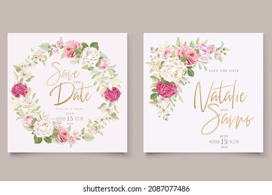 beautiful hand drawn soft roses wedding invitation card set