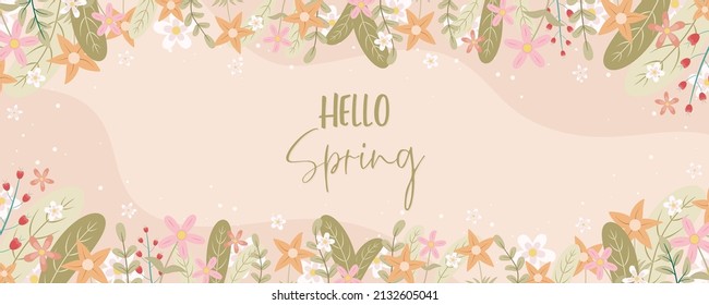 Hermosa pancarta de flores de primavera dibujada a mano