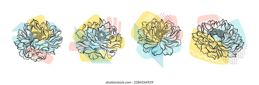 Beautiful Hand Drawn Stroke Flower Bud with Decorative Color Shapes Vector Set