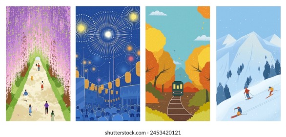 Beautiful hand drawn style wallpaper set. Vibrant four seasons landscape or activity .