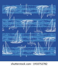 Beautiful hand drawn summer beach wind surfing illustration in the ocean mixed with red polka dots seamless pattern on vector . Isolated on the navy background.
