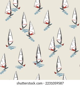 Beautiful hand drawn summer beach wind surfing illustration in the ocean seamless pattern on vector .