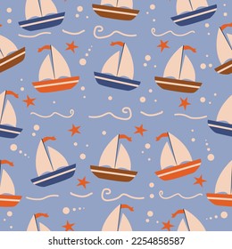 Beautiful hand drawn summer beach wind surfing illustration in the ocean mixed with red polka dots seamless pattern on vector . Isolated on the navy background.