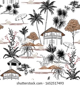 Beautiful Hand drawn summer island with hut and swan vacation vibes seamless pattern vector EPS10, Design for fashion,fabric,web,wrapping,all prints and all graphic type on white