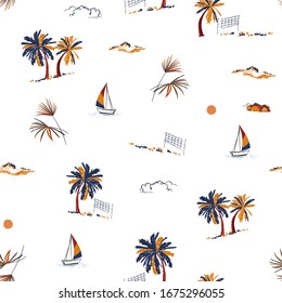 Beautiful Hand drawn Summer island vacation mood paradise seamless pattern and ocean,Design for fashion ,fabric,web,wallpaper,wrappig and all prints on white background color