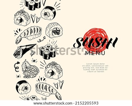 Beautiful hand drawn sushi seamless pattern, sketch design, doodle elements, great for textiles, banners, wallpapers, menus, background - vector design Stockfoto © 