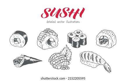 Hermoso sushi dibujado a mano, diseño de boceto, elementos de doodle, genial para textiles, banners, papel pintado, menús, fondo - diseño vectorial