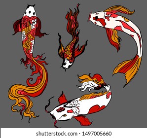 Beautiful hand drawn swimming koi carp fish.Religion,zen,line style ornate Asian animals.Perfect for wallpaper.Japanese culture symbol traditional with koi carp isolate on white background.