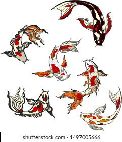 Beautiful hand drawn swimming koi carp fish.Religion,zen,line style ornate Asian animals.Perfect for wallpaper.Japanese culture symbol traditional with koi carp isolate on white background.