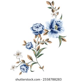 Beautiful hand drawn textile colour full flower,Elegant Blue Floral Vector Pattern with Ornamental Border for Wedding Cards, Fashion Textiles, Ceramic, and Wallpaper Designs Featuring Vintage Flowers 