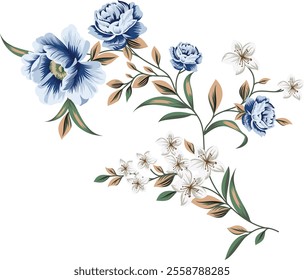 Beautiful hand drawn textile colour full flower,Elegant Blue Floral Vector Pattern with Ornamental Border for Wedding Cards, Fashion Textiles, Ceramic, and Wallpaper Designs Featuring Vintage Flowers 