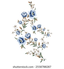 Beautiful hand drawn textile colour full flower,Elegant Blue Floral Vector Pattern with Ornamental Border for Wedding Cards, Fashion Textiles, Ceramic, and Wallpaper Designs Featuring Vintage Flowers 