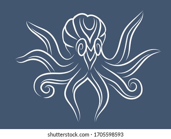 Beautiful hand drawn tribal illustration with white linear octopus silhouette isolated on the blue background
