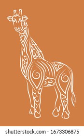 Hermosa ilustración tribal lineal dibujada a mano con silueta de jirafa dibujada en el fondo naranja