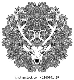 Beautiful hand drawn tribal style deer head over ornate mandala. Magic vintage vector illustration in black over white. Spiritual art, yoga, boho style, nature and wilderness. Tattoo design.