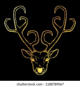 Beautiful hand drawn tribal style deer head. Magic vintage vector illustration in golden over black. Spiritual art, yoga, boho style, nature and wilderness. T-shirts and tattoo design.