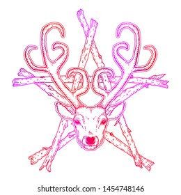 Beautiful hand drawn tribal style deer head over the stick pentagram. Magic vintage vector illustration in bright red and pink gradient isolated over white. Spiritual art, yoga, boho style.
