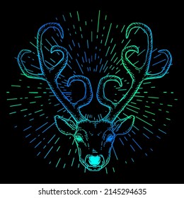 Beautiful hand drawn tribal style deer head and rays light  Magic vintage vector illustration in vibrant green   blue over black  Spiritual art  yoga  boho style  nature   wilderness 