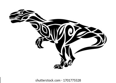 Beautiful hand drawn tribal tattoo illustration with black predatory dinosaur silhouette on the white background
