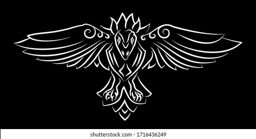 Beautiful hand drawn tribal tattoo illustration with white raven silhouette isolated on the black background