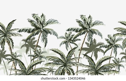 Beautiful hand drawn tropic  vintage botanical landscape, coconut  palm trees. Floral seamless pattern on white  background. Exotic green jungle cheetah wallpaper. 