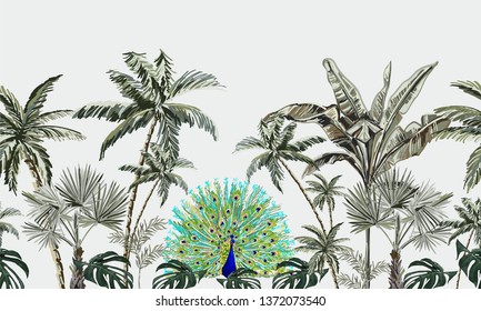 Beautiful hand drawn tropic  vintage botanical landscape, coconut  palm trees, banana trees,monstera, tropic plants. Floral seamless pattern on black  background.Exotic green jungle cheetah wallpaper