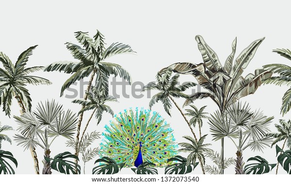 Beautiful hand drawn tropic vintage botanical landscape, coconut palm trees, banana trees, monstera, tropic plants. Floral seamless pattern on black background. Exotic green jungle peacock wallpaper.