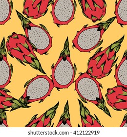 Beautiful hand drawn tropical seamless pattern. Tropical fruits pattern. Dragonfruit, pitaya,pitahaya. Pitaya is the plant in Cactaceae family or Cactus