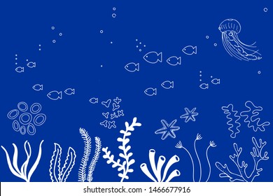 Beautiful hand drawn underwater vector seascape with fish, jelly fish and coral reef.