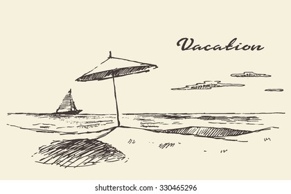 Beautiful hand drawn vacation poster with seaside view and beach, vector illustration, sketch