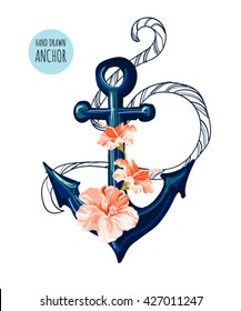 Beautiful hand drawn vector anchor on white background with hibiscus. watercolor style. Perfect for wallpapers, web page backgrounds, surface textures, textile.