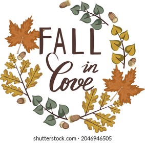 Beautiful hand drawn vector autumn lettering with colorful leaves on white background. Organic beautiful design for cards.