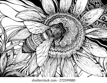 Beautiful Hand Drawn Vector Background With Graphic Bee On Flower With A Lot Of Details