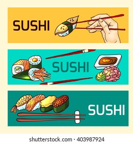 Beautiful hand drawn vector banners with sushi. Doodle style.