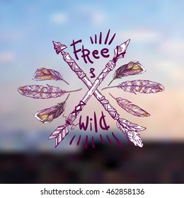 Beautiful hand drawn vector boho style illustration on the blurred sea background. Use for postcards, print for t-shirts, posters, wedding invitation, tissue, linens